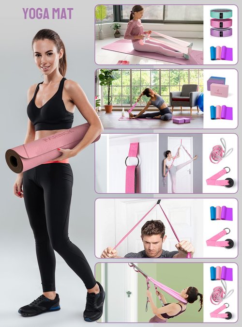 1/3 Pink Yoga Mat Thick, Yoga Set for Beginners Include High Density Pink Yoga Mat with Multi-loops Strap, Blocks, Booty Resistance Band Set, Door Anchor, Carring Strap