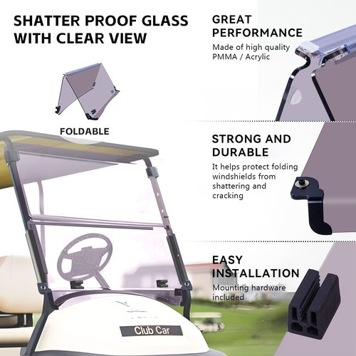 VPAHub Club Car Precedent Tempo Flip Flop Compact Golf Cart Windshield, Tinted Color, 3/16" Thickness, Fits Club Car Precedent Tempo 2004+