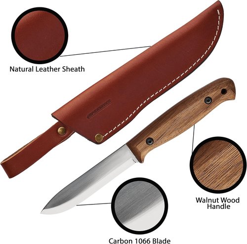 BPS Knives Left Hand BS2FT CSH - Full Tang Bushcraft Knife With Leather Sheath - Survival Tactical Knife - Camping Knives - Outdoor Knives - Fixed-Blade Carbon Steel Utility Knife