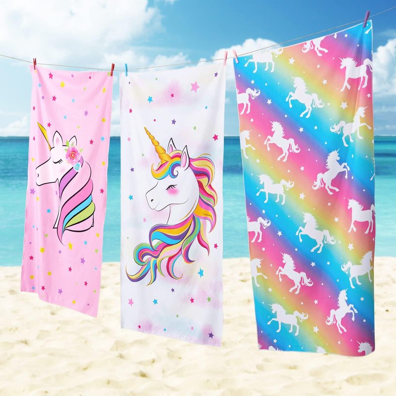 WERNNSAI Unicorn Beach Towel for Girls - 30” x 60” Kids Sand Free Swim Towels for Girls Bath Pool Camping Travel Towel Quick Dry Ultra Absorbent Super Soft Beach Blanket Bath Shower Towel