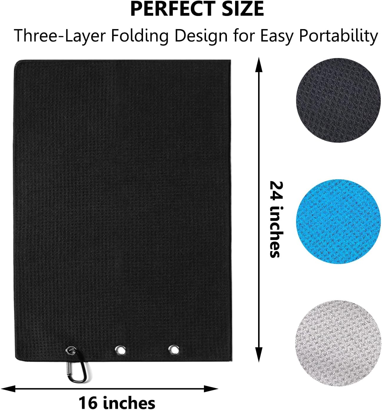 3 Pack Large Golf Towels, 16" x 24" Tri-Fold Portable Microfiber Fabric Waffle Pattern Golf Towel for Golf Bag with Carabiner Clip to Quickly Remove Sand, Mud, Dirt and Sweat