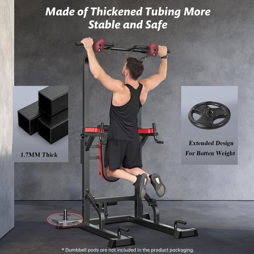 Pooboo Power Tower Dip Station Pull Up Bar for Fitness Home Gym Workout,Multi-Function Adjustable Height Fitness Strength Training Exercise Equipment (Black with Supine Board)