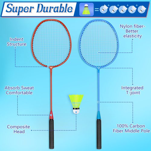 Chitidr 12 Pack Badminton Rackets Set Including Rackets, Nylon Shuttlecocks and Carry Bag for Outdoor Backyard Games Beginners (Red, Blue)
