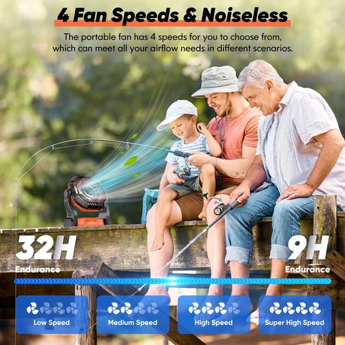 MATULSA Portable Rechargeable Camping Fan, 10-Inch Battery Operated Fan, Quiet Table Fan with LED Lights, 4 Fan Speeds and 125°Rotation, Rechargeable Beach fan for Travel, Fishing, Picnic, Orange
