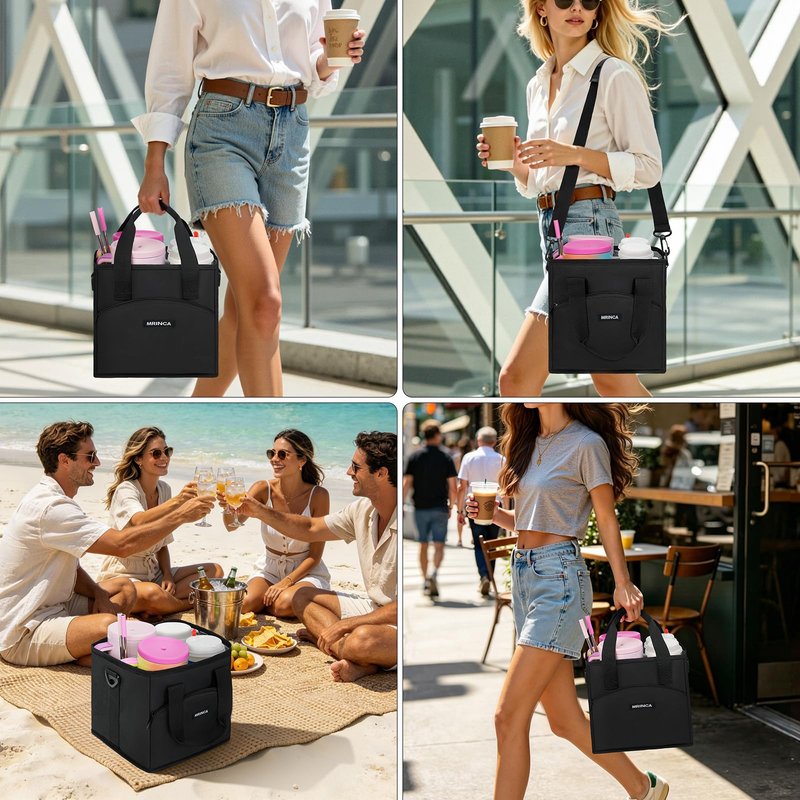 MRINCA Reusable Drink Carrier with Handle – Insulated, Collapsible 4-Cup Beverage Bag with No-Spill Base, Adjustable Dividers & Shoulder Strap, Portable Caddy for Delivery, Car and Travel, Black