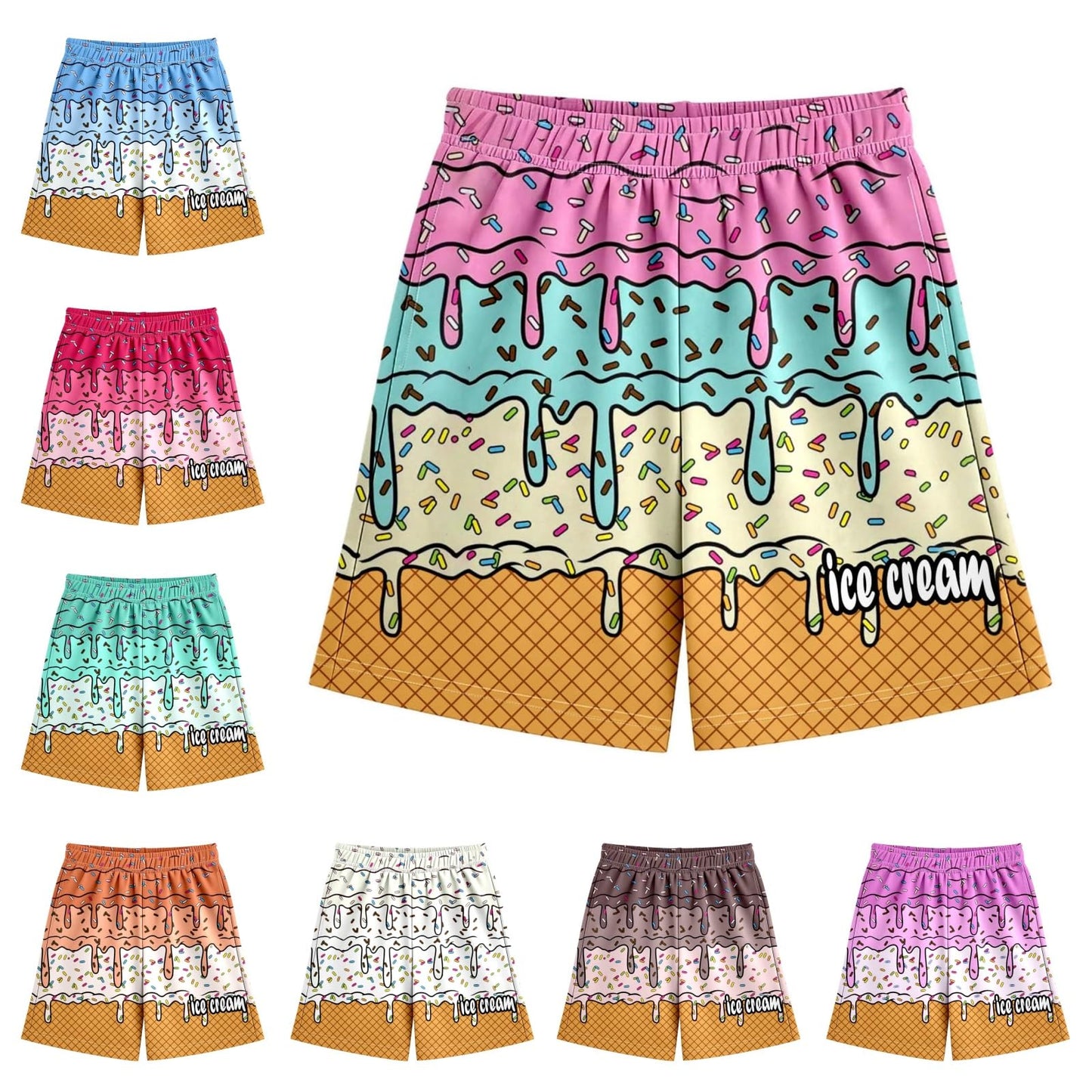Ice Cream Shorts Boys Girls Elastic Waist Summer Cool Athletic Preppy Ice Cream Drip Baseball Shorts with Pockets Baseball Lifestyle 101 Apparel Youth Icecream Short for Boy 2-16 Years