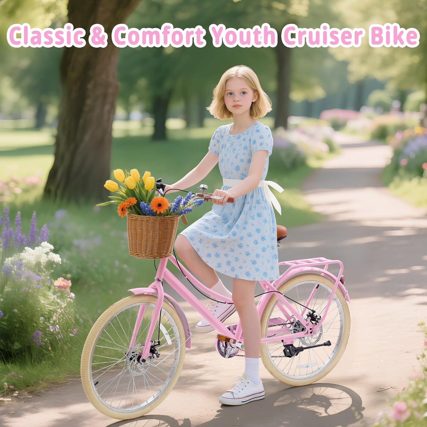 Kids Bike, Retro Cruiser Bike for Girls, 20 24 Inch 7-Speed Kids Bicycles for Ages 6-14 Girls Youth with Rattan Basket, Dual-Disc Brake Carbon Steel Frame Lightweight Bicycle, Multiple Colors