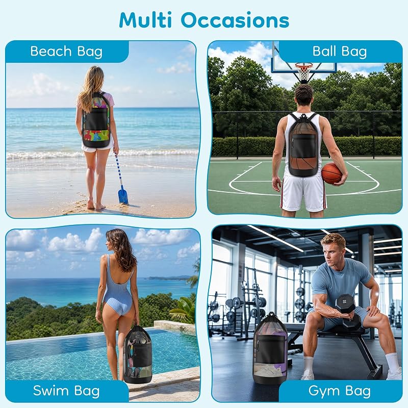 Drawstring Mesh Backpack with Pocket – Gym & Beach Bag, Black - 1pc