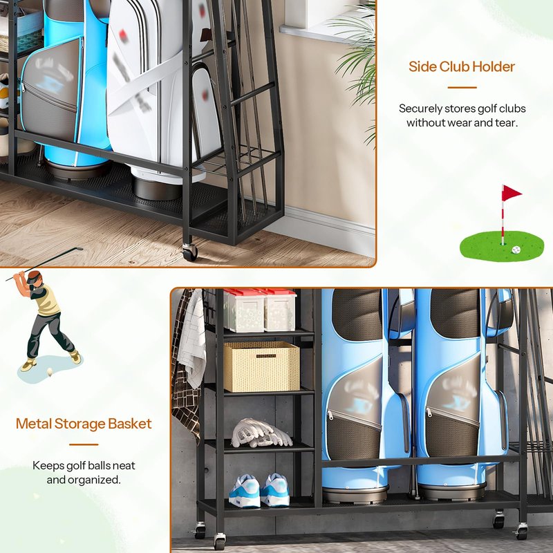 HOOBRO Golf Bag Storage Garage Organizer, Golf Bag Storage Stand Fits 2 Golf Bags and Golf Equipment Rack with Wheels, Extra Storage Rack for Garage, Club, Basement, Black BK49CJ01