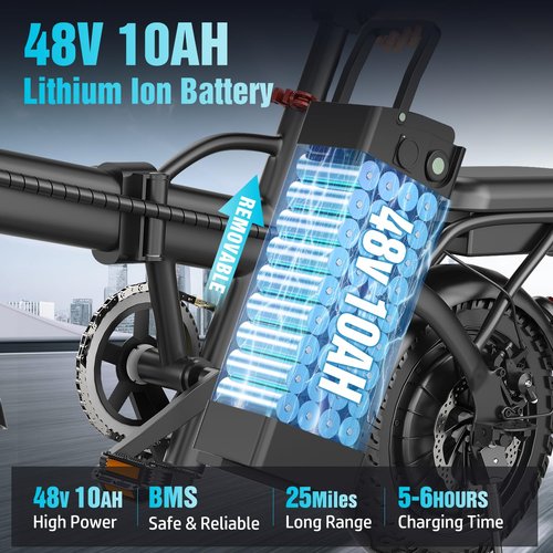 ASKGO Electric Bike for Adults, 650W Motor, 25mph 35Miles Range E Bike, 14" Tires, 48V Foldable Electric Bike for Commuting, Daily Riding, Dual Disc Brakes, Multiple Shock Absorption (480WH - 650W)