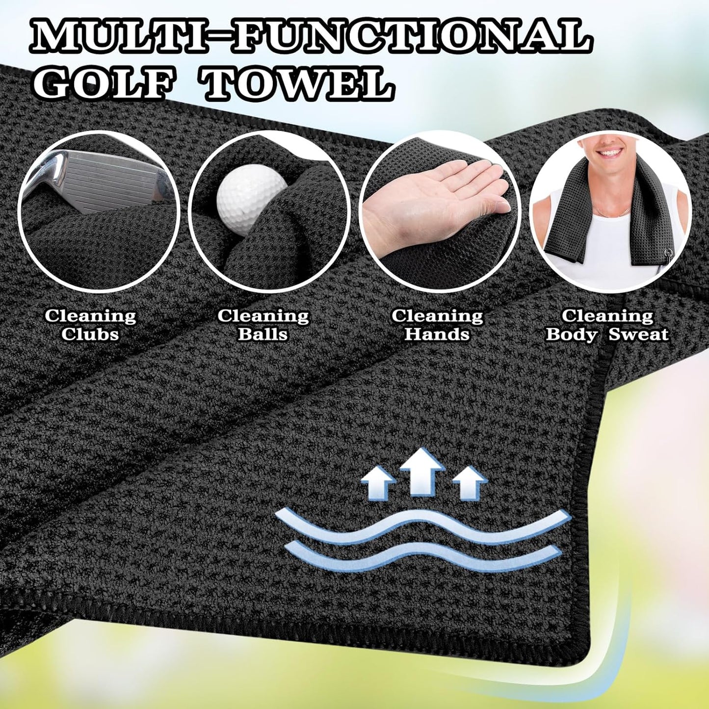 2 Pack Golf Towel (16" X 16") with Golf Club Brush, Microfiber Waffle Pattern Golf Towels for Golf Bags for Men,Essential Golf Combo Cleaning Kit (Black)