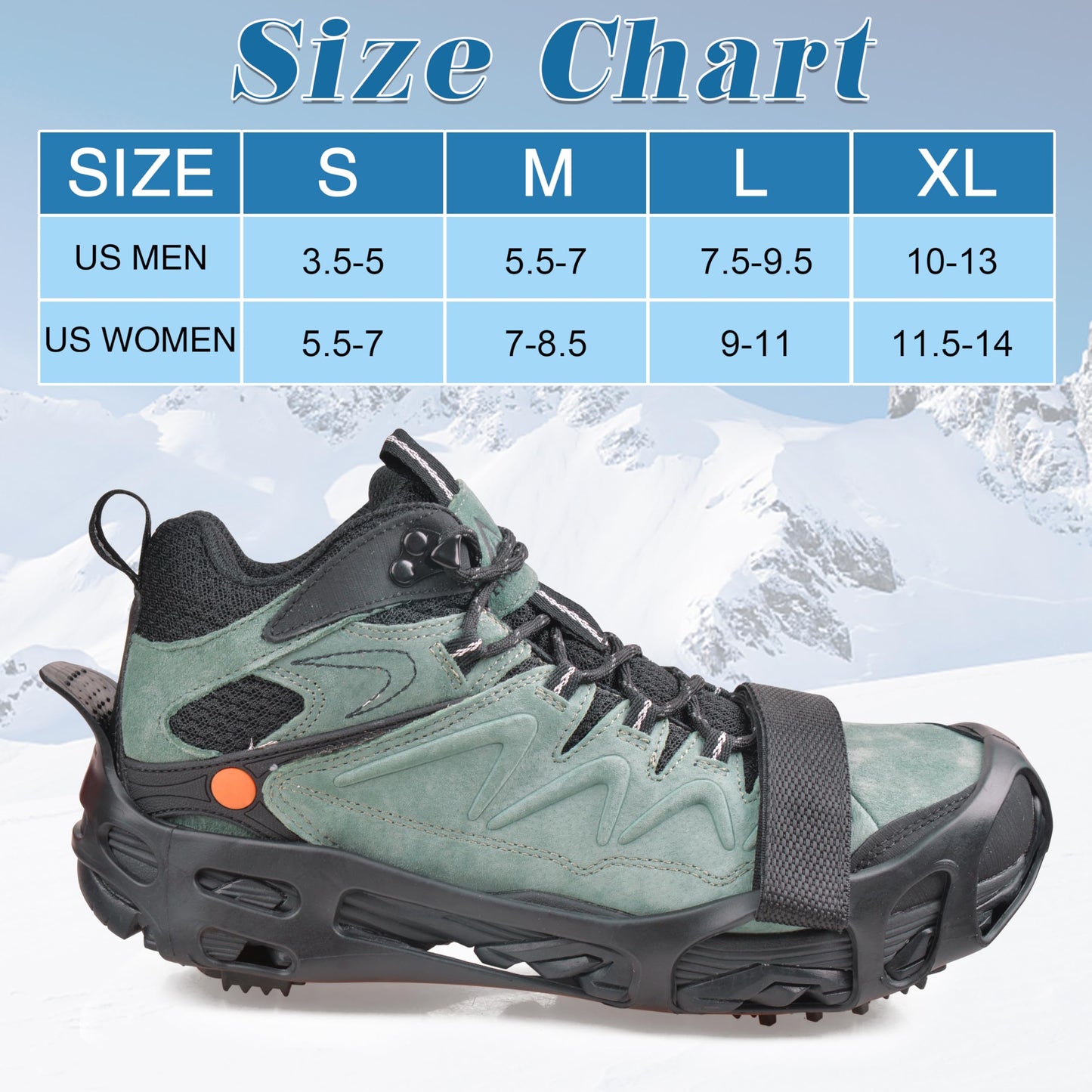 Ice Cleats Snow Traction Cleats Crampons for Walking on Snow and Ice Non-Slip Overshoe with Removable Straps Rubber Anti Slip Crampons Slip-on Stretch Footwear