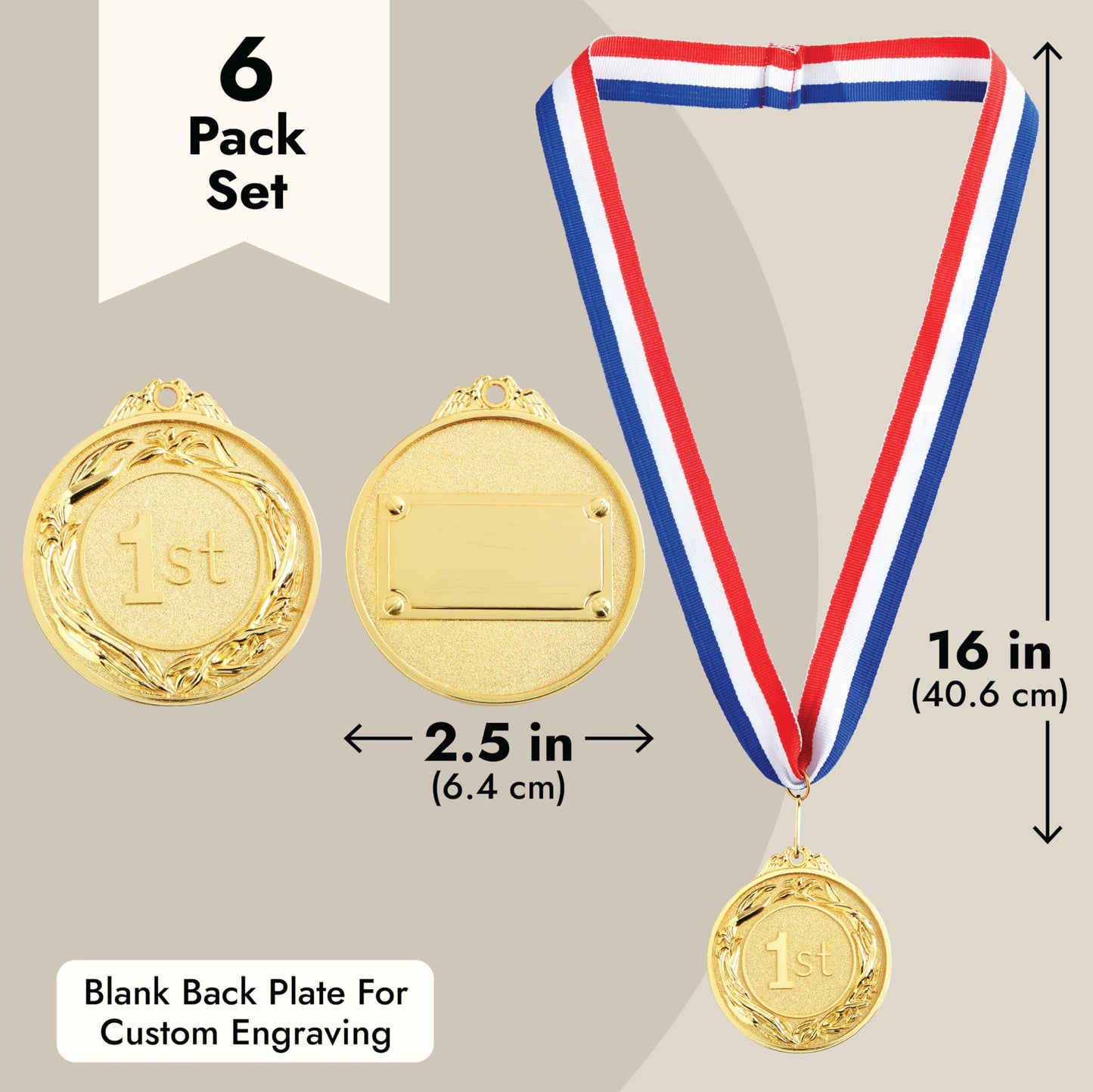 Juvale 6 Pack 1st Place Gold Medals with 16 Inch Neck Ribbon for Awards, Sports Tournaments, Soccer, Baseball (Round, Metal, 2.5 Inch Diameter) - Medals for Awards