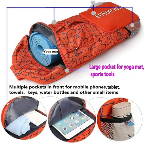 Yoga Mat Bag Backpack, Large Capacity with Multiple Pockets, Orange Geometric Pattern, Scratch-Resistant Nylon,Ladies sports handbag