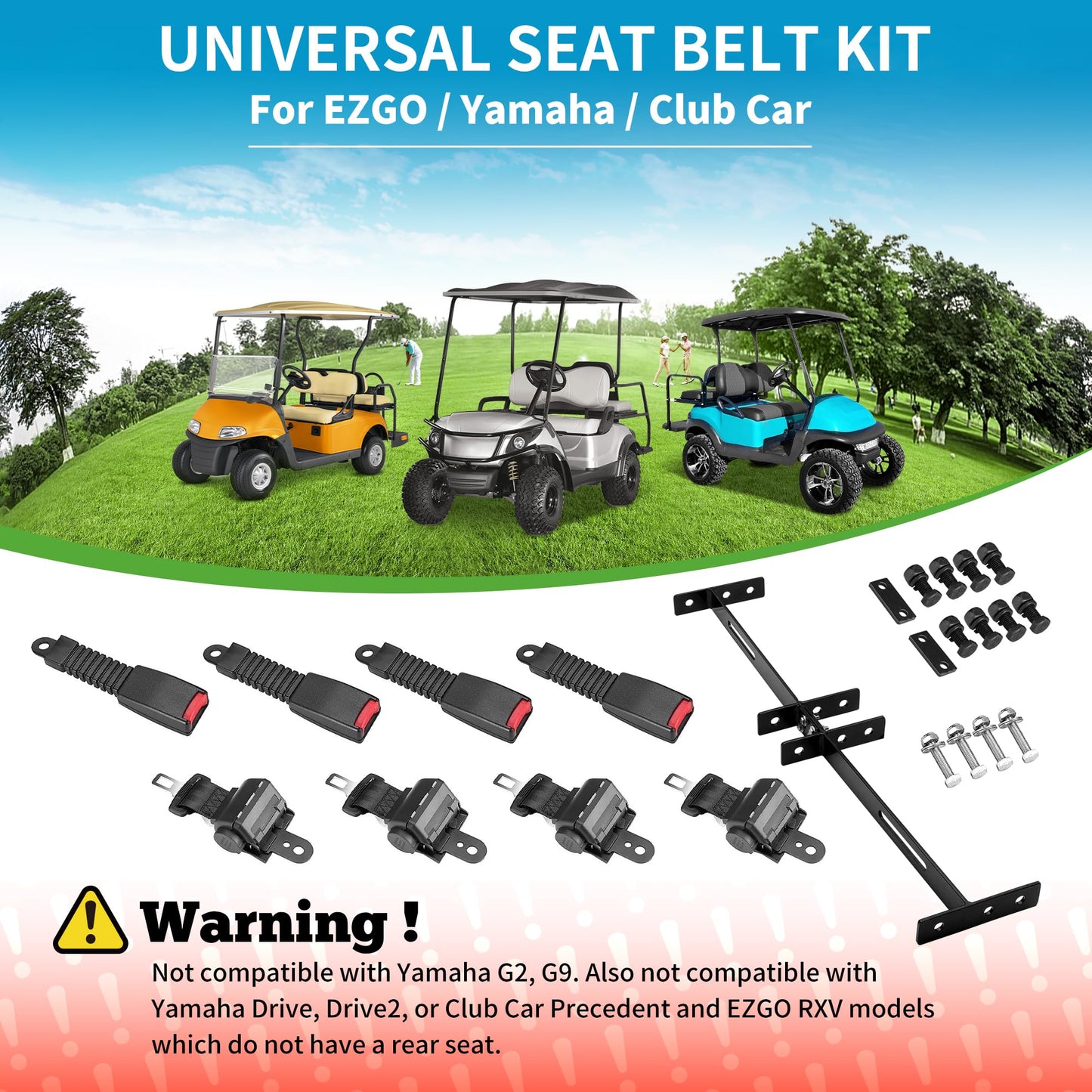 10L0L Universal 4 Passenger (2+2) Golf Cart Seat Belt Kit for EZGO, Yamaha, Club Car, Fits Front Rear Seat, with Bracket