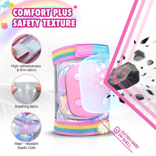 Kids Knee Pads Elbow Pads Wrist Guards Set with Carry Bag Included, Protective Gear Set for Girls Boys Roller Skating Bike Cycling Skateboard Scooter (Floral, Medium (6-12years))