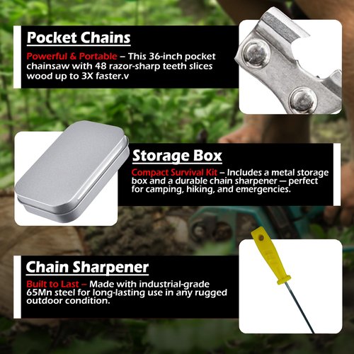 2 In 1 Pocket Chainsaw & Wire Saw Kit – 36 Inch Hand Chain Tool with Saw File for Tree Cutting, PVC Pipe, Camping, Hiking, Bushcraft & Emergency Survival Gear