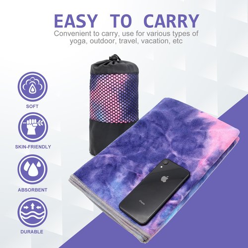 Eunzel Yoga Towel,Hot Yoga Mat Towel with Grip Dots Sweat Absorbent Non-Slip for Hot Yoga, Pilates and Workout 24" x72", Purple & Blue