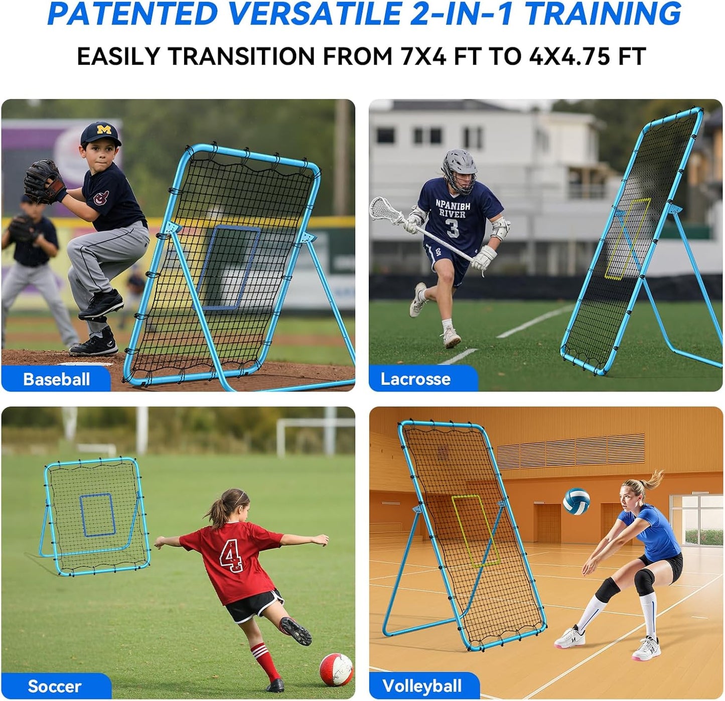 2-in-1 Volleyball Rebounder Net System, Adjustable from 7x4 ft to 4x4.75 ft, 5-Angle Bounce Back Net, Training Equipment for Volleying, Bumping, Spiking, Hockey, Soccer, Lacrosse, Softball Practice