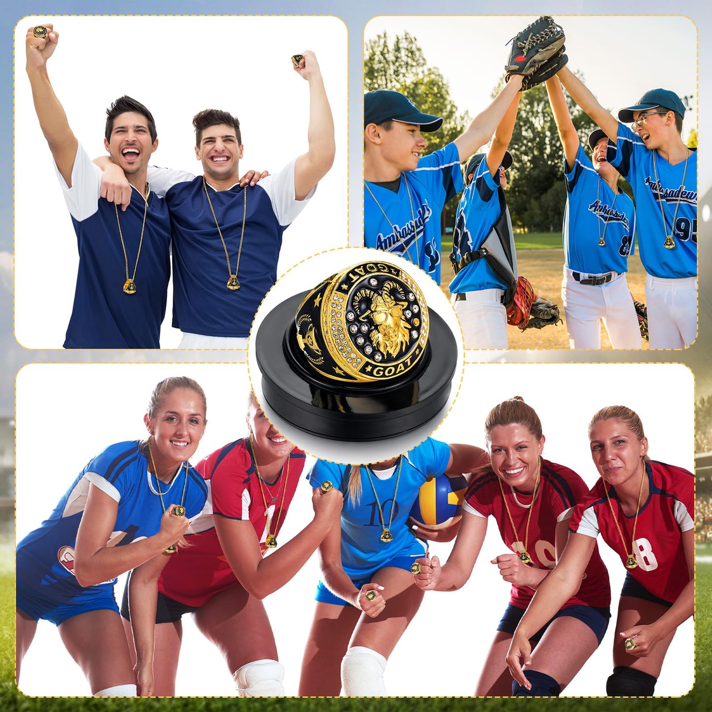 Highergo 1 Pc Goat Championship Trophy Ring with Display Neck Chain and Stand Goat Medal Award Gift for Tournament or League Champion Winner Sports Award (Glasses)