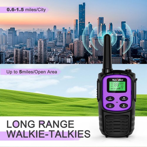 MaxTalker Walkie Talkies Long Range for Adult, MT10 Rechargeable Walkie Talkies FRS Two Way Radio, NOAA, 1200mAh Li-ion Battery USB-C Cable, LED Flashlight,VOX Walkie Talkie for Camping 2Pack (Purple)