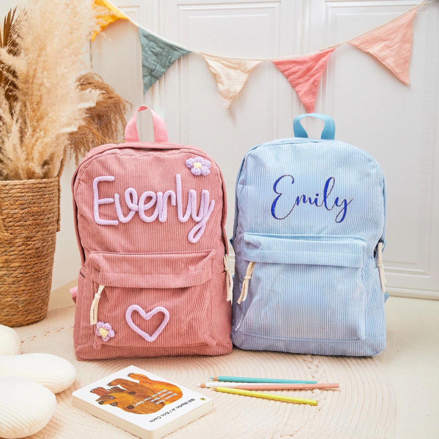 JINMA Personalized Embroidered Name Backpack – Custom Lettering Corduroy Bag with Floral Detail, Lightweight and Stylish