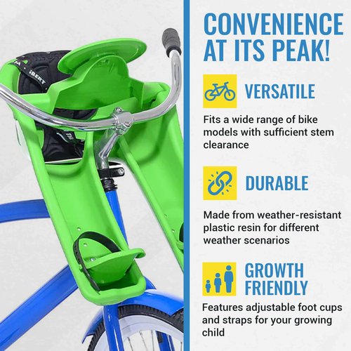 iBert Front Mounted Child Seat - Green - Comfortable Child’s Bike Seat for Sunny and Rainy Days - Baby’s Bike Seat with a Secure Harness and Height Adjustable Foot Cups for Family Biking Adventures.
