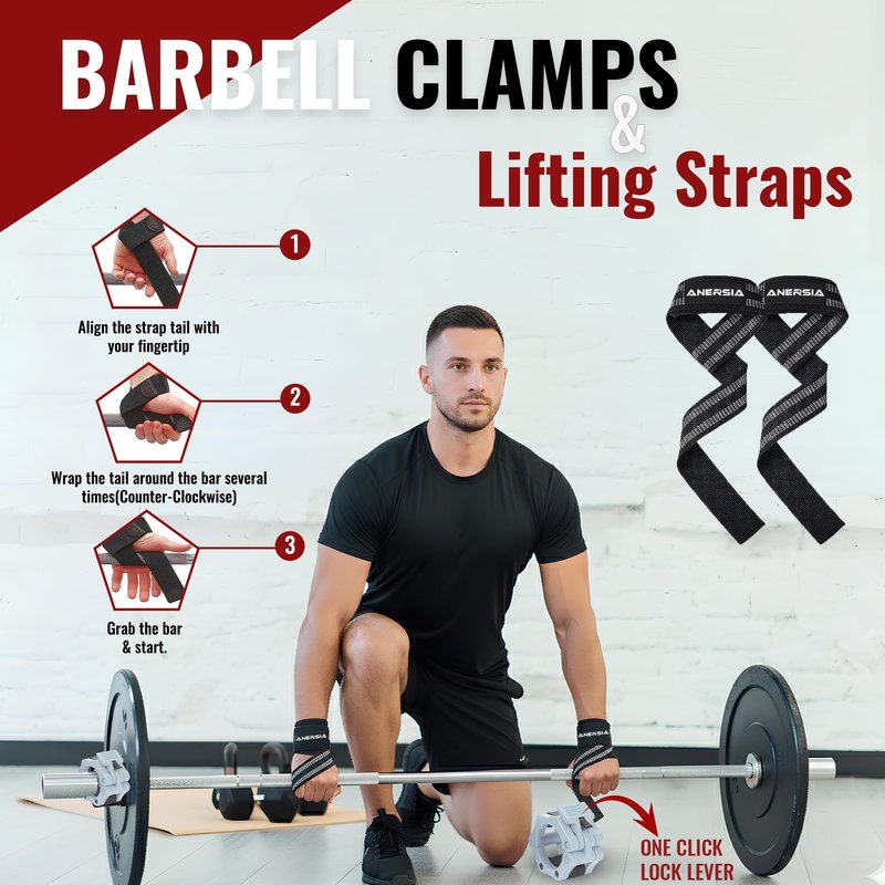 ANERSIA 10 in 1 Barbell Pad Set Grey for Squats & Hip Thrust – Barbell Pad with Resistance Bands, Lifting Straps, Ankle Straps & Barbell Clamps – Weightlifting Accessories Kit for Home Gym