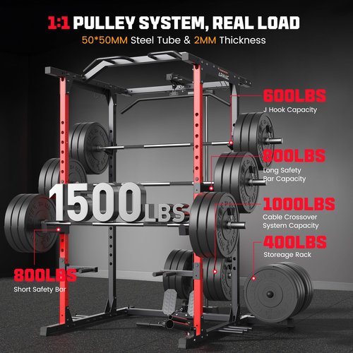 ARMAC Power Cage,1500lbs Multi-Function Power Rack with Adjustable Cable Crossover System and More Training Attachment (red)
