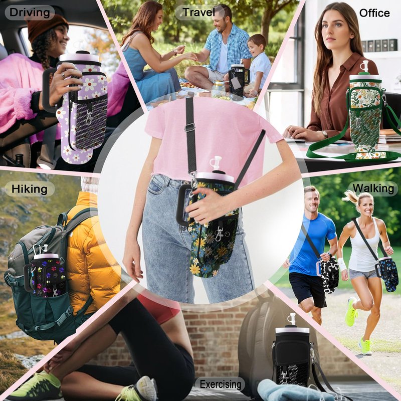 40 oz Tumbler Carrier with Strap Water Bottle Holdeand 30oz Tumbler Carrier with Strap Bottle Holder Dog Paw Stanley Cup Purse Accessories for Hiking Travelling Camping 3 Pockets to Hold More