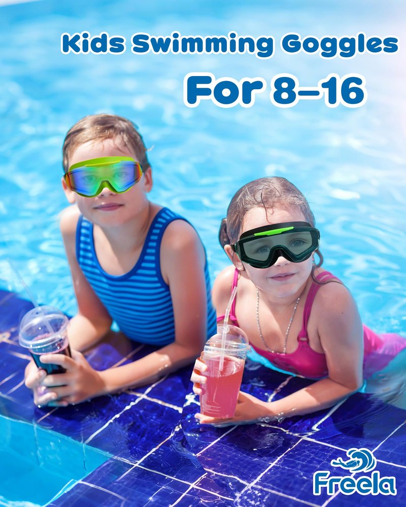Freela 2 Pack Kids Swim Goggles for 6-14 8-12 8-14 4-7, Water Pool Swimming Goggles Anti-Fog 180° Wide View UV Protection, Soft Silicone Layer Waterproof No Leak Glasses for Youth Boys Girls