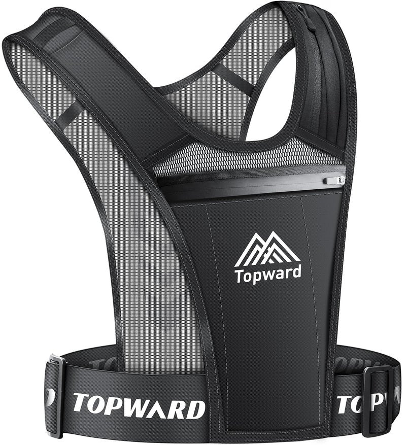 Topward Running Vest Phone Holder for Men Women, Waterproof Cell Phone & Key Pouch, Reflective Hydration Vest Train Free Workout Gear - Lightweight, Breathable Mesh Pockets - Adjustable Waistband