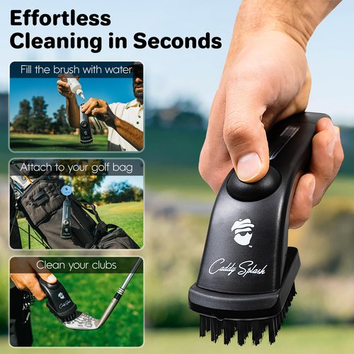 Caddy Splash Golf Club Brush Pro with Water (Black) - Heavy Duty Retractable Clip- Push Button for Easy Cleaning with Nylon Bristles - Holds 4 Oz Water - Golf Accessories - USA Company