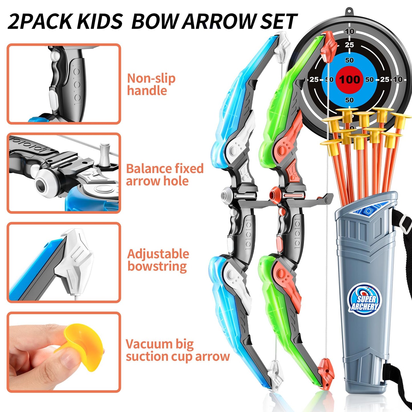 2 Pack Set Bow and Arrow Archery Toy for Kids, LED Light Up with 20 Suction Cup Arrows Target & Quiver, Outdoor Toys Kids Boys Girls Ages 3-12 Years Old
