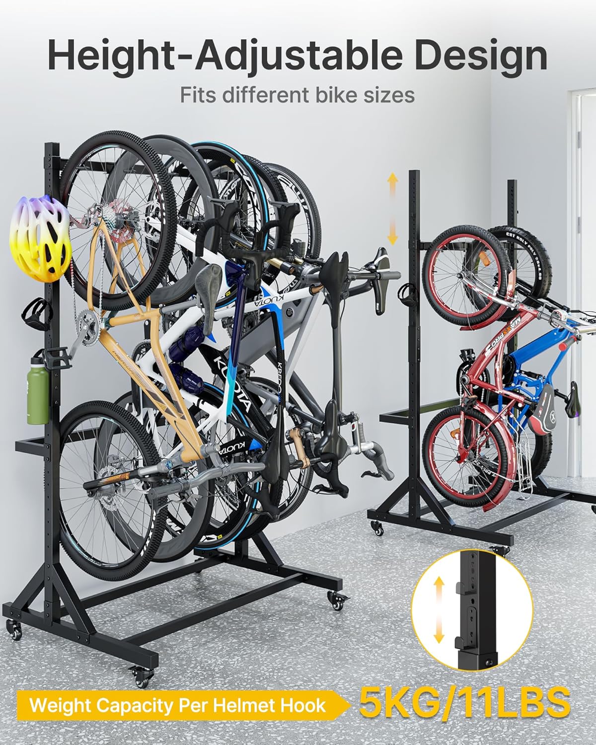 monTEK Freestanding Bike Storage Rack for 5 Bikes, Heavy Duty 350LBS Vertical Bike Stand with 5 Bike Hooks & 6 Helmet Hooks, Indoor and Outdoor Bike Storage Rack with Locking Casters