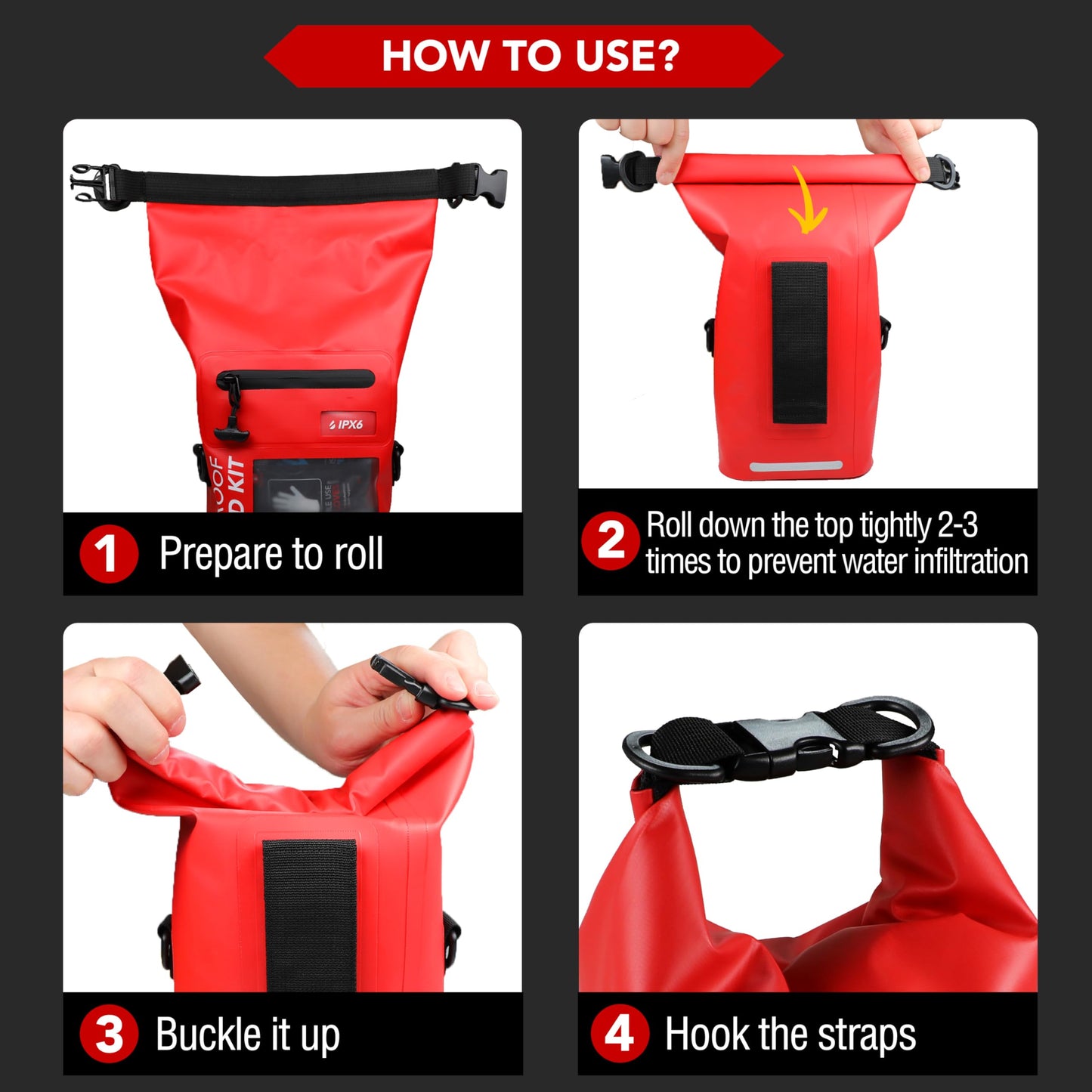 250 PCS Waterproof First Aid Kit, Roll Top Reflective Boat Dry Bag Bug Out Bag, Emergency Medical Kit Ideal for Boating, Camping, Fishing, Kayaking, Floating, Red