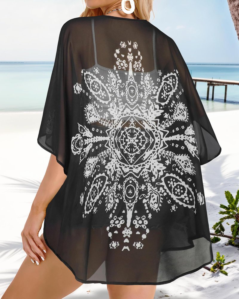 Summer Kimono Cardigan for Women Sheer Boho Tops Casual Open Front Swimwear Shirts Beach Cover ups (Caftan Black,5XL)