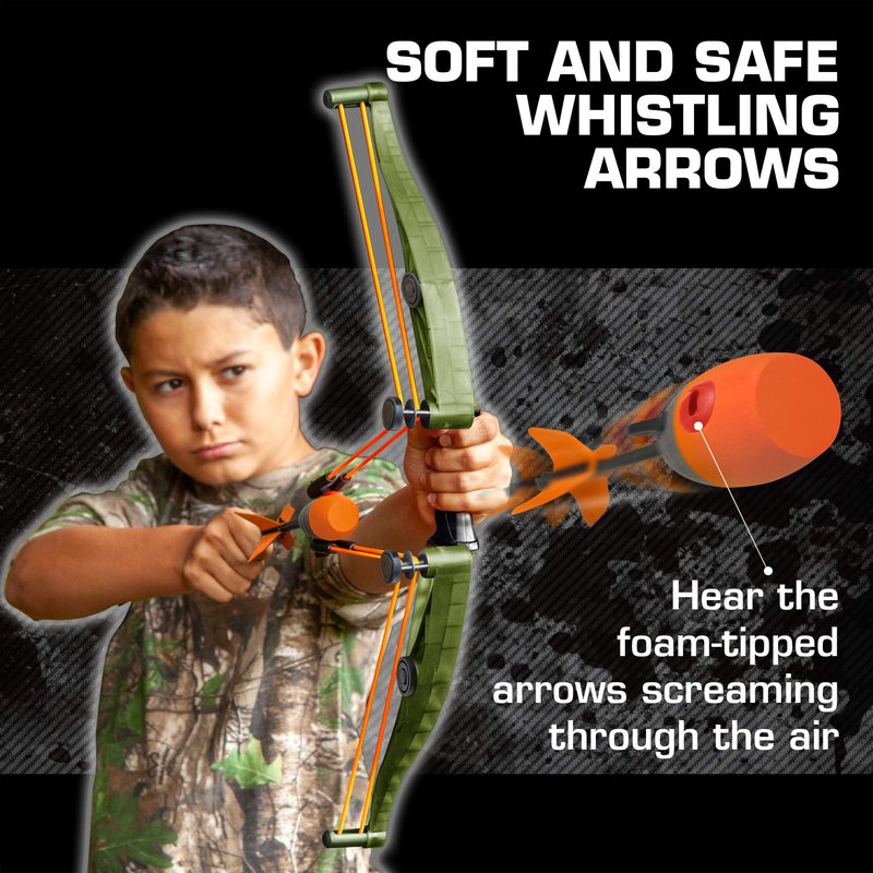 Zing Air Hunterz Z-Curve Bow Pack, 1 Green Bow, 4 Orange Zonic Whistle and 2 Orange Suction Cup Arrows and 1 Bungee, Shoots Up to 200 Feet