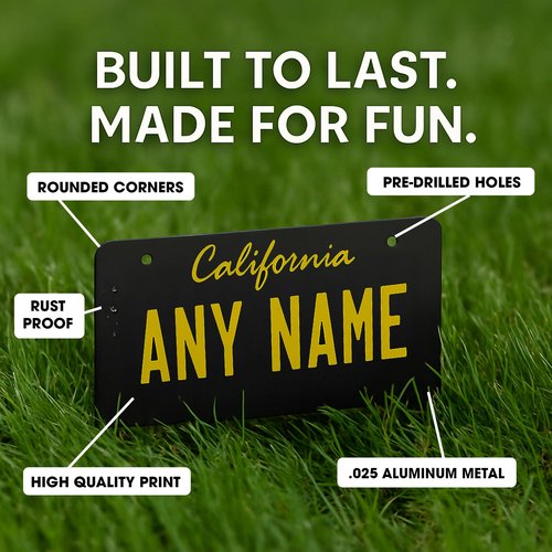 Personalized California Mini State License Plate, Custom Name, Text or Number Plate, Customized Bike Accessories, Kids Toy Car Signs, and Gift, Made in The USA (3x6, Aluminum, Black & Yellow)