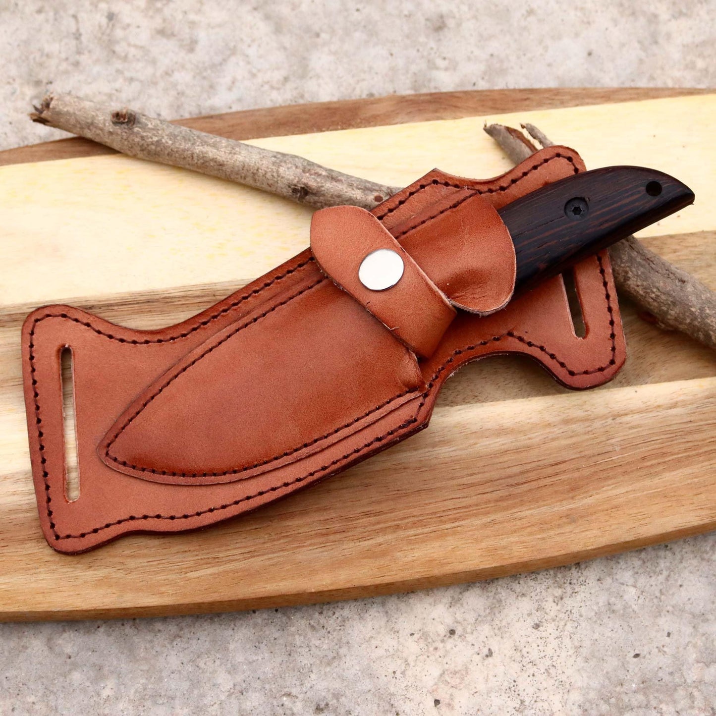 Kelani Fixed Blade Skinner – 1095 Steel, 8" Overall, Snake Wood Handle, Leather Sheath – Cowboy Knife for Hunting & Tactical Gear