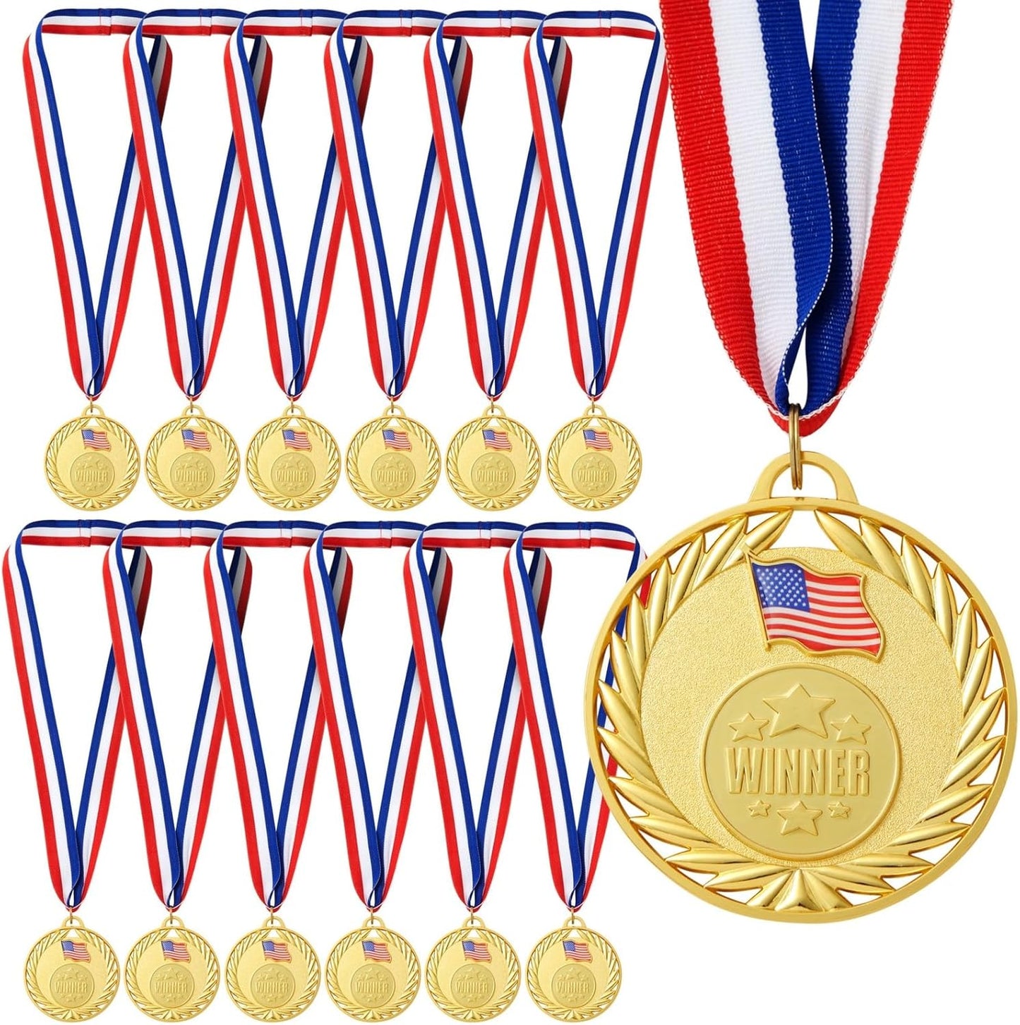 Juvale Medals for Awards - 12-Pack Gold 2.75-inch Medals with 15.5-inch Red/White/Blue Neck Straps - 1st Place Award & Participation Ribbons - Competition Ribbons for Kids