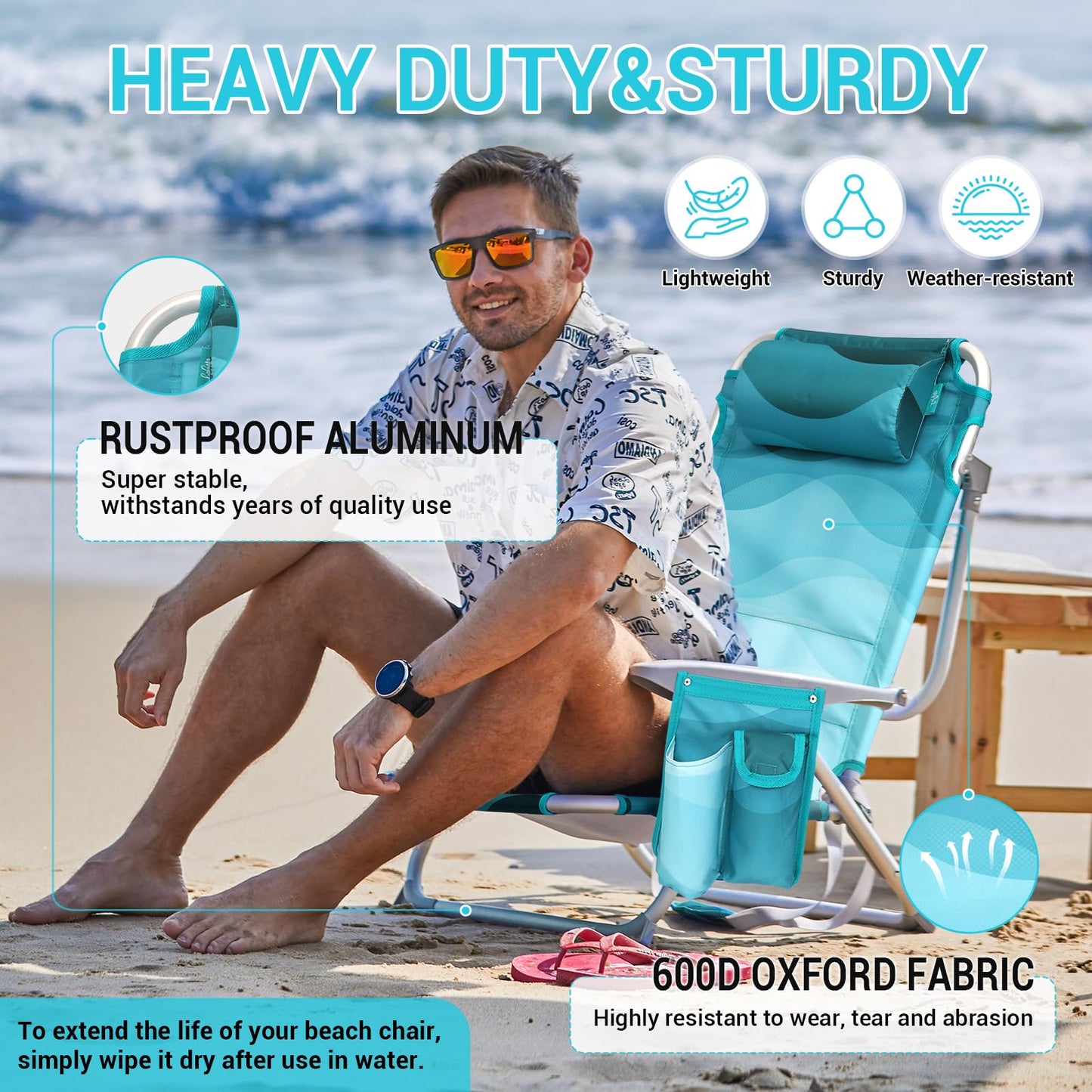 #WEJOY Lightweight Low Beach Chair for Adults, 4-Position Aluminum Folding Camping Chairs with Shoulder Strap, Cup Holder and Padded Headrest, Supports 265lbs for Lawn Outdoor,Cyanpattern