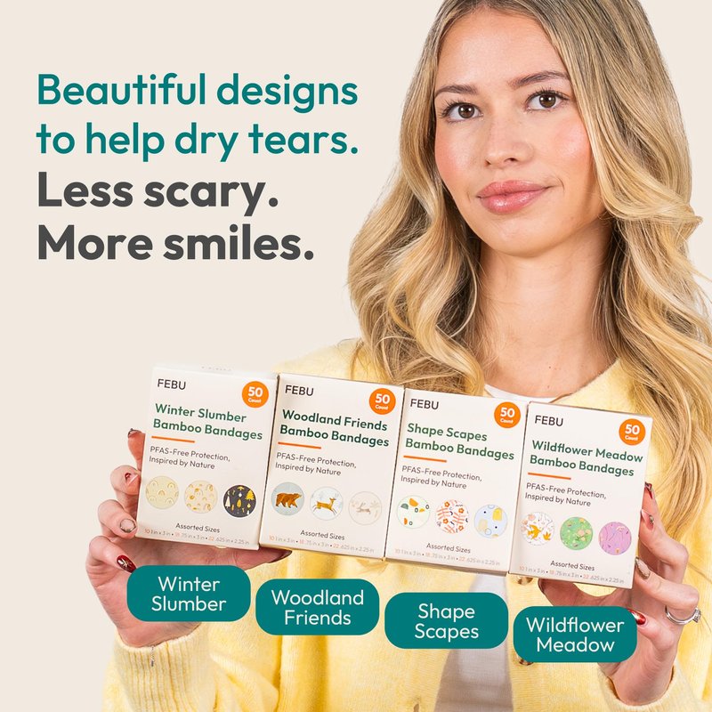 FEBU Wildflower Print Bamboo Fabric Bandages | PFAS Free Flexible Fabric Bandages | Natural Hypoallergenic Bandage for Scrapes, Cuts & First Aid | Compostable, Latex Free Bandage | 50 Count Strip