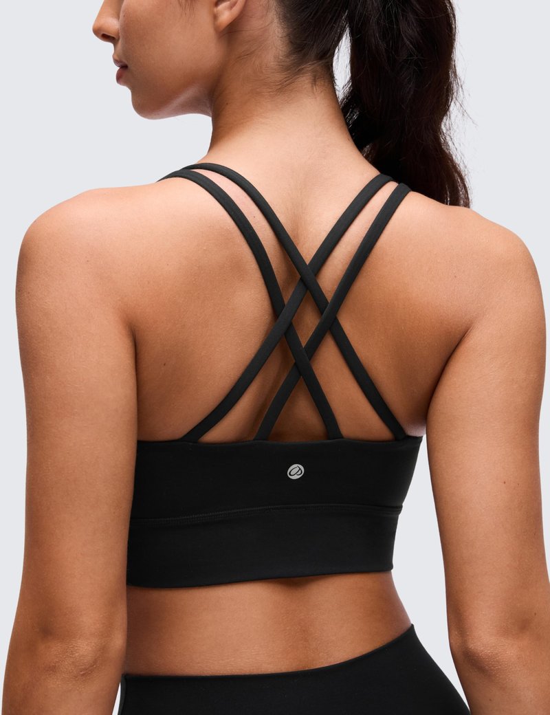 CRZ YOGA Softness Mold Butterluxe Strappy Longline Sports Bras for Women - Double Spaghetti Strap Workout Yoga Crop Top Black Large