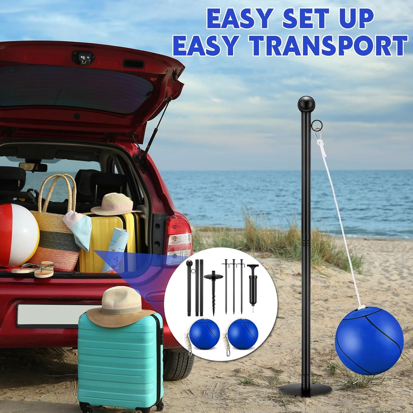 10 ft Tetherball Set with 2 Balls, Portable Replacement Tetherball Ball and Rope and Pole Tether Equipment Adjustable Pole Game for Adult Dog Outdoor Backyard Beach