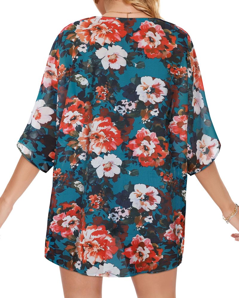 Women's Floral Kimono Print Puff Sleeve Loose Cardigan Cover Up Casual Blouse Summer Tops (Blue Red Floral, 3XL)