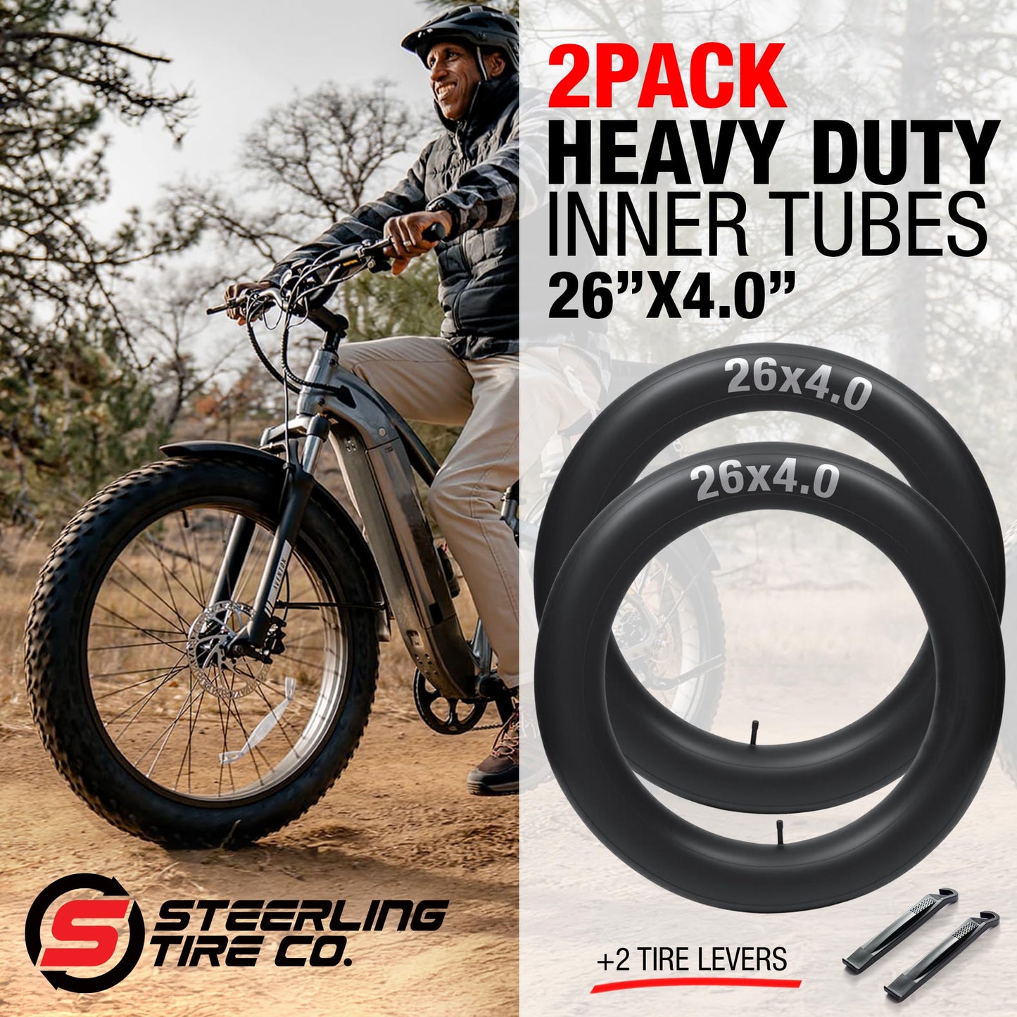 26x4.0 fat bike tube set (2 pack) - Heavy Duty replacement for E-Bikes with 26x4.0 fat bike tires tube wheels. Schrader Valve with 2 Tire Levers Included. Inner Tube for 26 inch Ebike Electric Bicycle