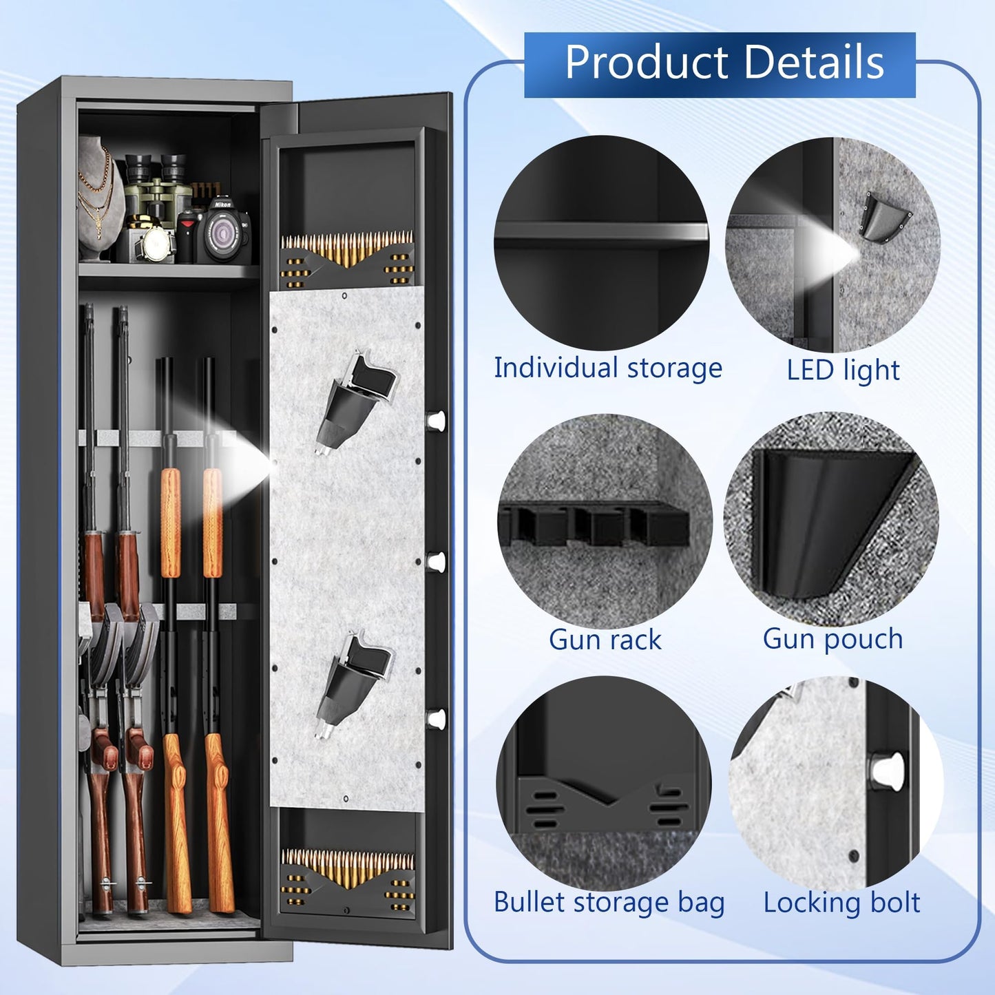 Hymnxemo Biometric Fireproof Gun Safe for 5-7 Firearms - No Assembly Steel Security Cabinet, Fingerprint Lock Quick Access, Adjustable Shelves for Rifle Pistol Valuables Storage (52x11x12 Inches)