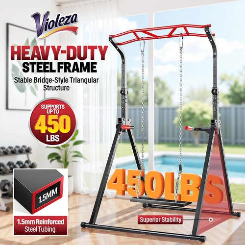 Violeza Foldable Pull Up Bar Dip Station, Adjustable Power Tower Pull Up Stand, Multi-Function Workout Tower Gym Strength Training Equipment for Home Outdoor, Triangular Design, Support 450lbs