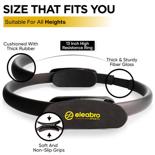 eleabro Sports 13 inch Pilates Ring Circle - Magic Circle with A1 Size Workout Poster, Yoga Ring Fitness Ring with Soft Handles, Inner Thigh Exercise Equipment for Home Workouts - (Black)